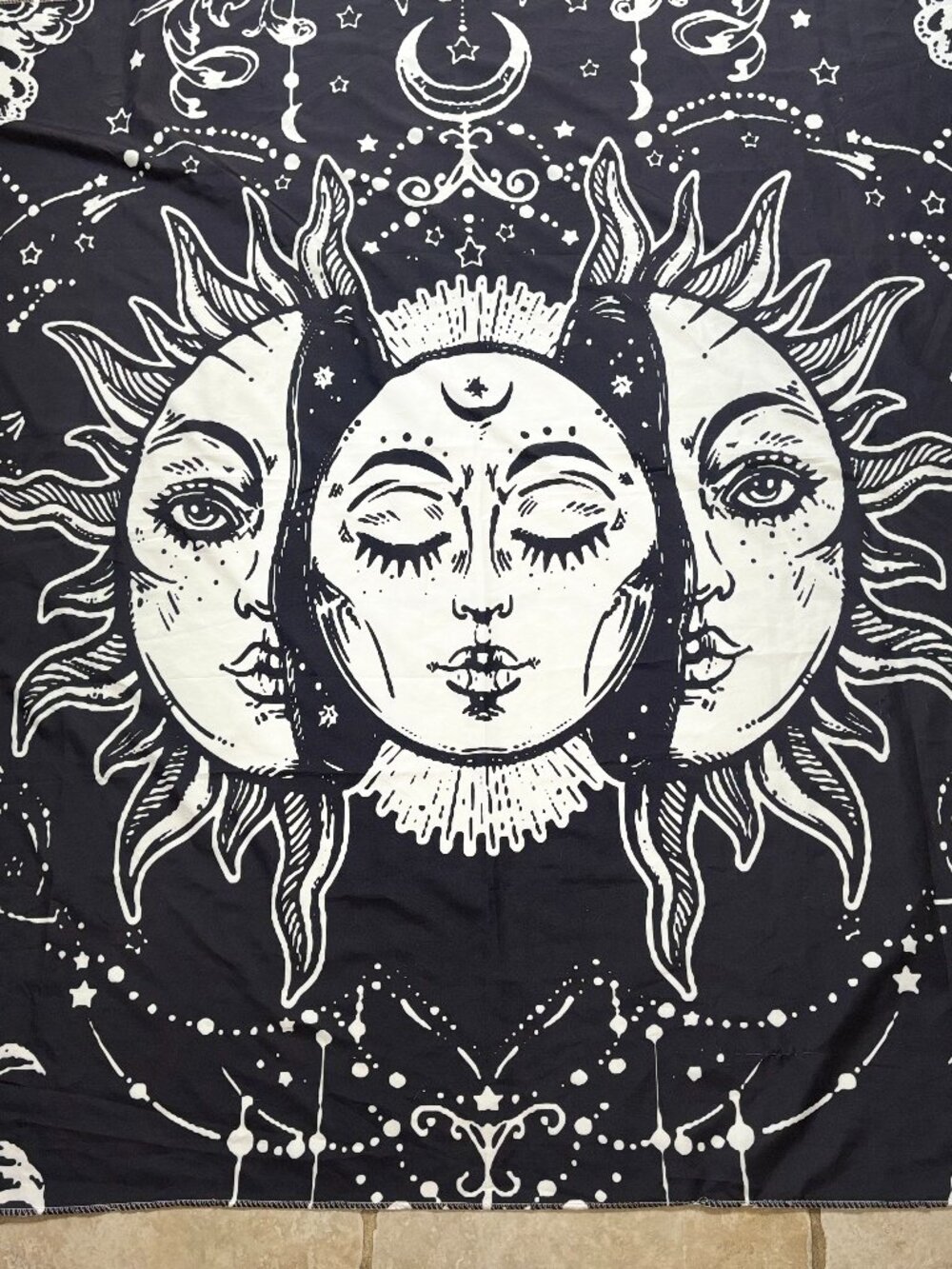 Black and White Feminine Celestial Sun Moon & Stars Flag Tapestry 59" x 50"